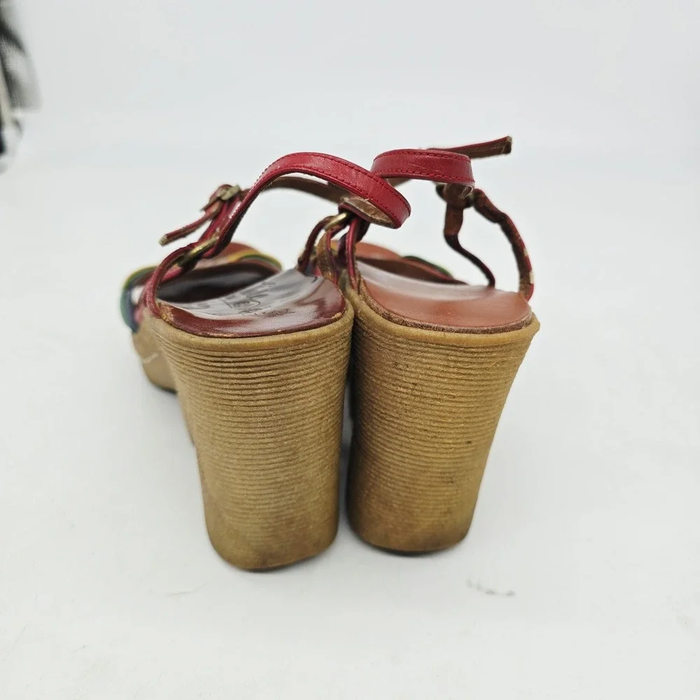 VTG 70s Famolare Sandals Womens 7.5 M Hi There Gum Sole Wave Wedge Italy Rainbow